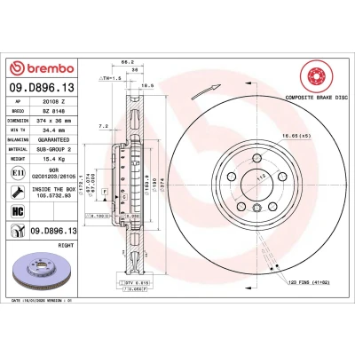 Abbildung von BREMBO 09.D896.13 Bremsscheibe 374 36 5 Verbundbremsscheibe, innenbelüftet beschichtet hochgekohlt mit Schrauben BMW: Saloon, 6 Gran Turismo