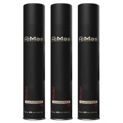 Abbildung von FemMas Haarspray Ultra Stark 400 ml I Stylingspray für Volumen &amp; Glanz Haar Spray starken Halt natürliches Finish ohne Verkleben Strong Hairspray alle Haartypen 3 Stück