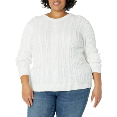 Abbildung von Amazon Essentials Damen Fisherman Cable Langarm Pullover mit Rundhalsausschnitt (in Übergröße erhältlich), Weiß, S