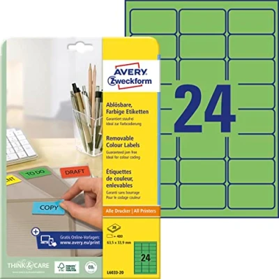 Abbildung von AVERY Zweckform L6033 20 Grüne Etiketten (480 Aufkleber, 63,5x33,9mm auf A4, wieder rückstandsfrei ablösbar, selbstklebende Farbetiketten, Papier matt, bedruckbare, farbige Klebeetiketten) Blatt
