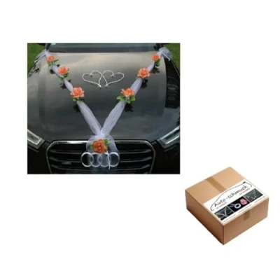 Abbildung von Organza M + Herzen Braut Paar Rose Deko Dekoration Autoschmuck Hochzeit Car Auto Wedding Ratan Girlande ®Auto schmuck PKW (Orange/Weiß/Weiß)