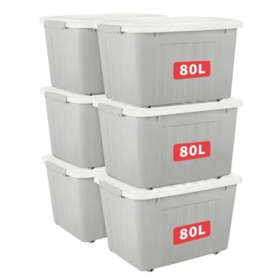 Abbildung von Cetomo,80L,6er Pack, Aufbewahrungsbox mit deckel,Aufbewahrungsboxen, Clips, stapelbar, Wohnzimmer, Schlafzimmer.lebensmittelecht ,Verschlussclips,Neumaterial Plastik Box grau