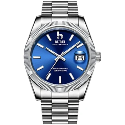 Abbildung von BUREI Herren armbanduhren Quarz Wirst Uhr Blue Analog Dial mit Datumsfenster Saphirglaslinse Silber Edelstahlgehäuse und Band