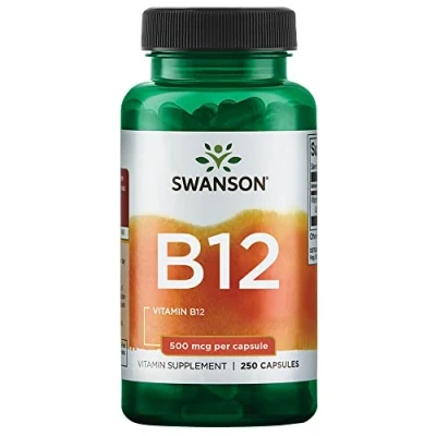 Abbildung von Swanson Vitamin B12, Cyanocobalamin, 500mcg, 250 Kapseln, hochdosiert, Laborgeprüft, Sojafrei, Glutenfrei, Ohne Gentechnik