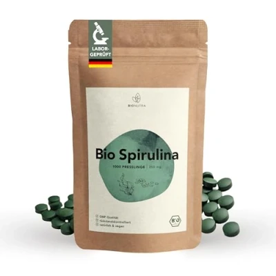 Abbildung von BIO Spirulina Tabletten 1000 x 250 mg, rückstandskontrolliert, nach EU ÖKO Standard hergestellt, vegan, laktose &amp; glutenfrei, ohne Zusätze, Presslinge Bio, BIONUTRA®
