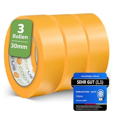 Abbildung von Colorus 3 x Profi Soft Tape 30 mm 50m Professionelles Abkleben, Abdecken Abklebeband Innen, Außen Fineline Goldband zum Lackieren Klebeband für Wandfarbe UV beständig
