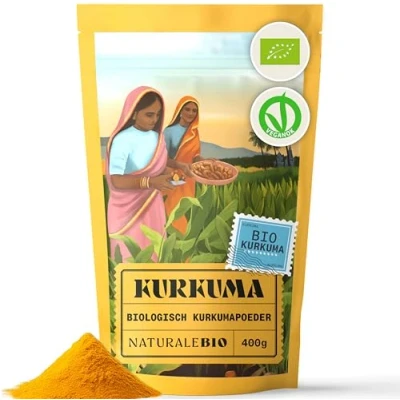 Abbildung von NaturaleBio Bio Kurkuma Pulver 400g 100% reine, gemahlene Wurzeln Ohne Gentechnik, keine Zusätze, nachhaltig aus Indien Reich an Kurkumin, perfekt zum Kochen, Tee &amp; Gesundheit