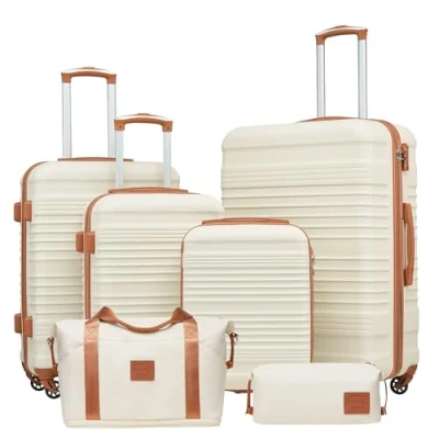 Abbildung von COOLIFE Koffer Set Trolley ABS Hartschale Reisekoffer 4 Rollen TSA Schloss einziehbarer Der Enthält 1 Reisetasche und Kulturbeutel (Weiß/Braun, 6tlg)