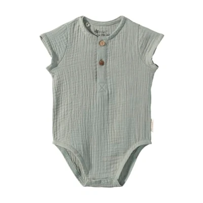 Abbildung von Sterntaler Body Knopfleiste Musselin Hase Happy Baby für Jungen aus Baumwollmusselin Bequemer Strampler mit kurzen Raglanärmel und vorne steingrün, 86
