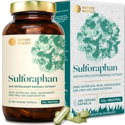 Abbildung von Natürliches Sulforaphan 180 Kapseln hochdosiert / 50 mg reines Sulforaphan/Hochwertig gewonnen aus Brokkoli Extrakt/Vegan, Zertifiziert &amp; Nachhaltig im Glas
