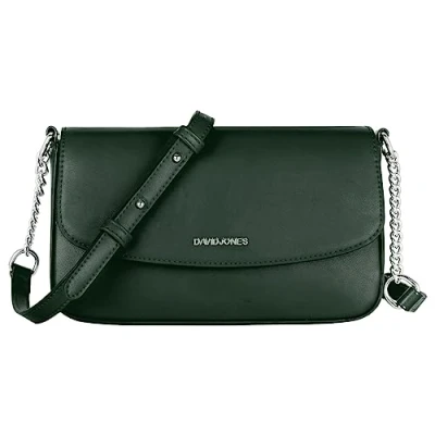 Abbildung von David Jones Kleine Umhängetasche Damen Crossbody Bag PU Leder Frau Kette Schultertasche Rechteckige Tasche Abendtasche Handy Handtasche Clutch Kettentasche Elegant Reise Party Grün