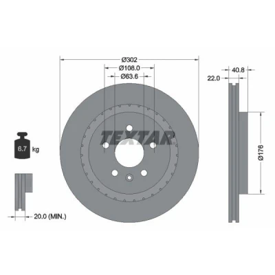 Abbildung von TEXTAR PRO+ 92168305 Bremsscheibe 302 22 05/06 108 außenbelüftet beschichtet hochgekohlt ohne Radbefestigungsbolzen, Radnabe VOLVO: V60 I, S60 II