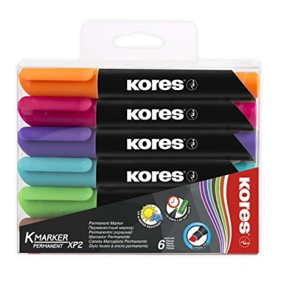 Abbildung von Kores K Marker XP2: Farbige Permanent Stifte, Keilspitze mit wasserfester und geruchsarmer Tinte, für alle Oberflächen, Einzelpackung 6 farbigen Stiften