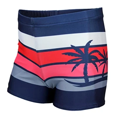 Abbildung von Aquarti Jungen Badehose Gestreift mit Motiven, Farbe: Dunkelblau/Rot/Palmen, Größe: 128