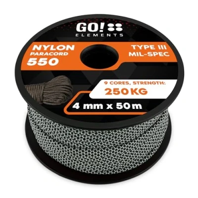 Abbildung von GO!elements 50m Paracord Seil aus reißfester Nylonschnur 4mm 550 Typ III Schnur Allzweckseil &amp; Reepschnur Max. 250kg, Farbe:Schwarz Weiß