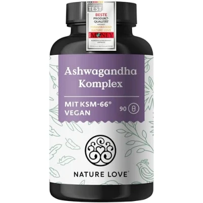 Abbildung von NATURE LOVE® Ashwagandha Komplex 600mg pro Tagesdosis 90 Kapseln mit KSM 66, Magnesium, Folsäure und Vitamin C B6 hochdosiert &amp; vegan in Deutschland produziert