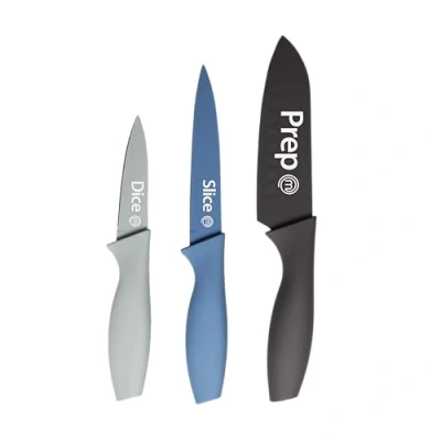 Abbildung von MasterChef Küchenmesser Set, Messerset ink. Kochmesser, Gemüsemesser &amp; Schälmesser, Scharfe Messer Edelstahl, Antihaftbeschichtete, Soft Touch Griffe, Blau, 3 teilig, Captions