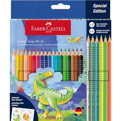 Abbildung von FABER CASTELL 201546 Buntstifte Set Dino, 24 teilig, bruchsicher, inkl. 3 Metallic Stifte, Neon Stifte und Dino Sticker