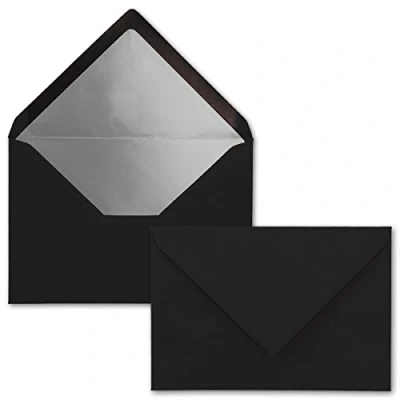 Abbildung von Kuverts in Schwarz 25 Stück Brief Umschläge DIN C6 114 x 162 mm 11,4 16,2 cm Nassklebung matte Oberfläche &amp; Silber Metallic Fütterung ohne Fenster für Einladungen