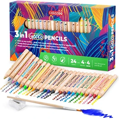 Abbildung von colozoo 3 In 1 Farbstifte Set (24 Farben) Dicke Buntstifte inklusive Pinsel und Anspitzer Ungiftige Vegane Farben für Kinder ab Jahren