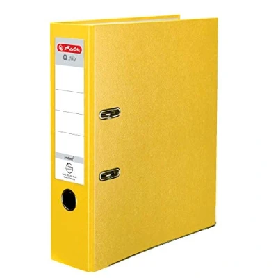 Abbildung von Herlitz® Q.File Ordner für Dokumente A4 8cm Rücken Wendeschild 2 Ring Mechanik mit Druckleiste Strapazierfähiger PP Folie beschichtete Beschläge Gelb