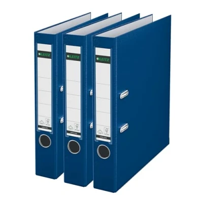 Abbildung von Leitz Qualitäts Ordner 180 Plastik, 3er Pack, das Original, DIN A4 Aktenordner 5 cm schmal, 90% Recycling Karton, 30% Pre Consumer Kunststoff, Mit Mechanik, 350 Blatt, Blau, 310345035