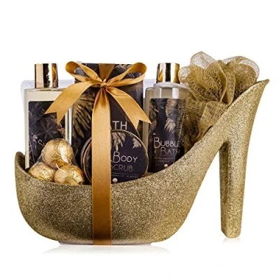 Abbildung von accentra Luxury Badeset Geschenkset in wunderschönem goldenem Glitzer Pumps, 9 teiliges Luxus Beautyset Pflegeset Duschset für ein entspanntes SPA Erlebnis