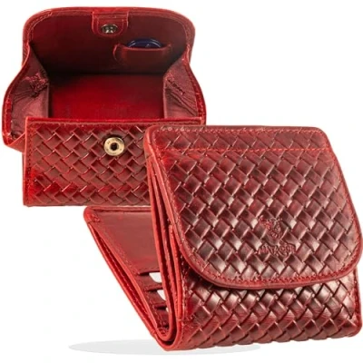 Abbildung von MATADOR Kleine Geldbörse Echt Leder Damen Portemonnaie TüV geprüfter RFID Schutz Flechtprägung Rot Geldbeutel Dünne Portmonee Mini Geldtasche Wiener Schachtel inkl Geschenkverpackung