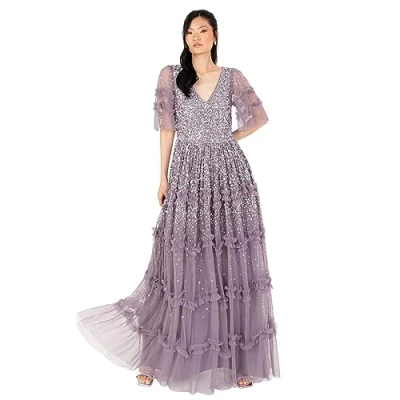 Abbildung von Maya Deluxe Women&#039;s Maxi Ladies V Neck Sequin Embellished Ruffle Detail for Wedding Guest Bridesmaid Prom Occasion Ball Gown Dress, Moody Lilac, 36