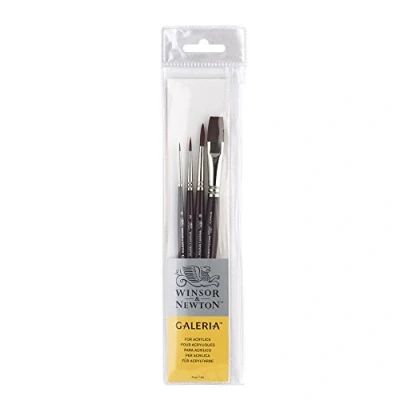 Abbildung von Winsor &amp; Newton 5790600 Galeria Acrylpinsel Set, aus Synthetikfasern, ideale Kontrolle für dickere Farbaufträge, Set 4 Pinsel kurzer Stiel, Rundpinsel Nr. 0, 3 und 8, Verwaschpinsel 12 mm, Transparent
