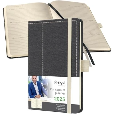 Abbildung von SIGEL C2558 Terminplaner Wochenkalender 2025, Lederoptik, ca. A6, dunkelgrau/weiß, Hardcover, 176 Seiten, Gummiband, Stiftschlaufe, Archivtasche, aus nachhaltigem Papier, Conceptum