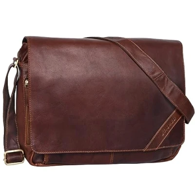 Abbildung von STILORD &#039;Nick&#039; Umhängetasche Leder Herren Damen Unitasche 15.6 Zoll Laptoptasche Aktentasche Bürotasche Vintage Büffel Leder, Farbe:cognac dunkelbraun
