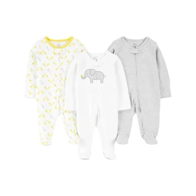Abbildung von Simple Joys by Carter&#039;s Unisex Baby 3 Pack Neutral Sleep and Play Kleinkindschläfer, Hellgrau Ministreifen/Weiß Elefant/Giraffe, 0 Monate (3er Pack)