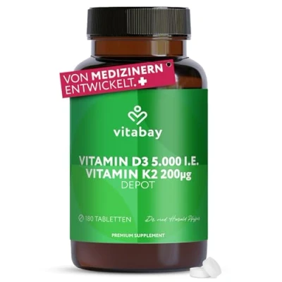 Abbildung von Vitabay Vitamin D3 K2 5000 IE hochdosiert 180 VEGAN &amp; LABORGEPRÜFTE D3K2 Tabletten Vitamine D K Sonnenvitamine Vit