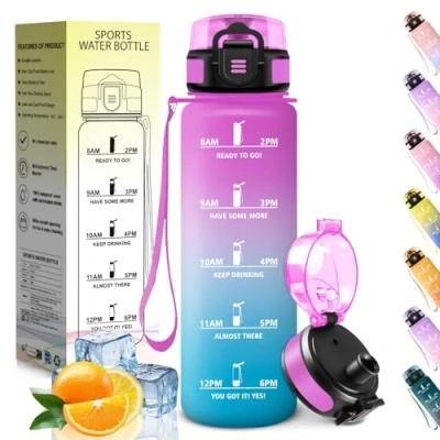 Abbildung von HoneyHolly Trinkflasche 1L, Zeitmarkierung, Wasserflasche, Auslaufsicher, Kohlensäure Geeignet, Wiederverwendbar, Water Bottle für Fitnessstudio, Radfahren, Büro, Outdoor, Sportflasche