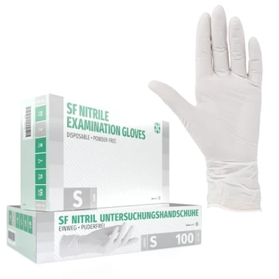 Abbildung von SF Nitril Einweghandschuhe S weiß, 100 Stück/Box, weiße Nitrilhandschuhe, dehnbare Einmalhandschuhe aus Nitril, puderfrei, latexfrei, Rissfest, Gummihandschuhe