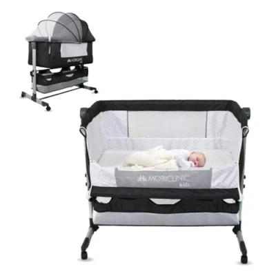 Abbildung von Mobiclinic® Kids, 3 in 1 Kinderbett, Wiege, verstellbares Beistellbett, höhenverstellbar Stufen, bis zu 20 kg, Räder 360º, Moskitonetz, Aufbewahrungskorb