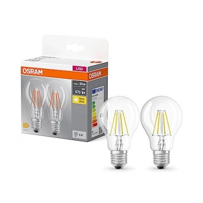 Abbildung von OSRAM BASE CLASSIC A FIL 40 LED Lampe mit Sockel E27, klassische Kolbenform, Doppelpack, 4W, 470lm, 2700K, warmweißes Licht, geringe Wärmeentwicklung, lange Lebensdauer, geringer Energieverbrauch