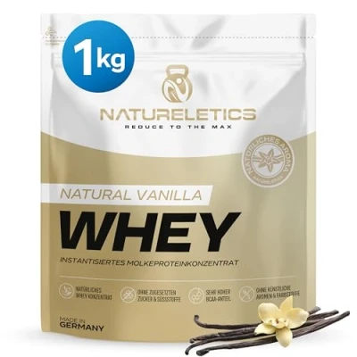 Abbildung von NATURELETICS VANILLE 1kg natürliches Premium Whey Protein aus Deutschland ohne Zusatz von Zucker, Süßstoffen und künstlichen Aromen, Eiweißpulver mit einem hohen BCAA Anteil 22,6%