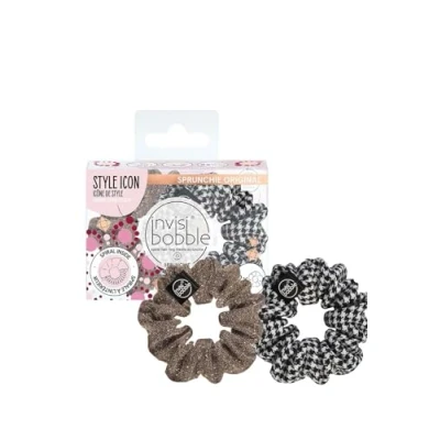 Abbildung von Invisibobble Duo Scrunchie Set, Stoff Haargummi Schwarz Weiß Muster, Zopfgummi Goldglitzer für Mädchen &amp; Damen, Limited Collection, 2 Stück