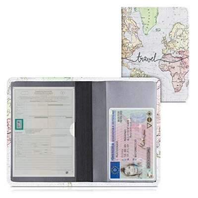 Abbildung von kwmobile Fahrzeugschein Hülle mit Kartenfächern Kunstleder Etui Tasche Zulassungsbescheinigung Travel Schriftzug Schwarz Mehrfarbig