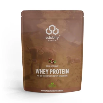 Abbildung von edubily nutrition® Whey Protein Konzentrat Sehr gut lösliches Pulver aus zertifizierter Bio Milch Ohne Zucker (750 g, Kakao)