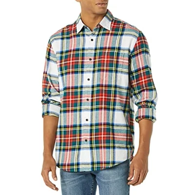 Abbildung von Amazon Essentials Herren Langarmhemd aus Flanell (in Übergröße erhältlich), Rot Weiß Tartan Plaid, M