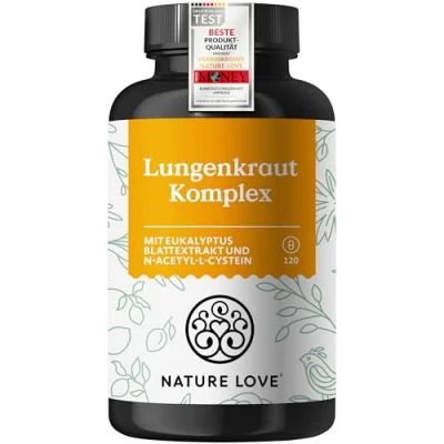 Abbildung von NATURE LOVE® Lungenkraut Komplex 120 Kapseln mit 300 mg pro Tagesdosis Eukalyptusblättern vegan in Deutschland produziert