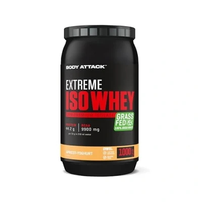 Abbildung von Body Attack Extreme Iso Whey Protein Pulver Apricot Yoghurt, 1 kg Pulver, leicht löslich &amp; schnell verdaubares Isolate aus 100% irischer Weidemilch