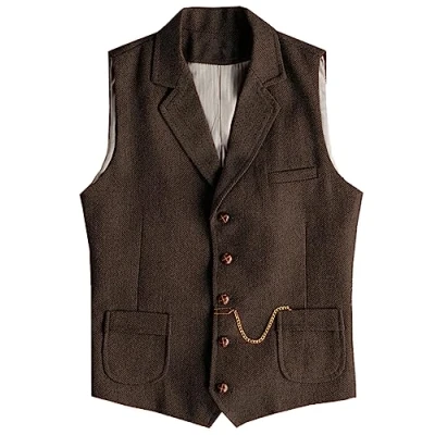 Abbildung von Tuikayoo Herren Western Herringbone Tweed Anzug Weste Wolle Slim Fit (Kaffee,S)