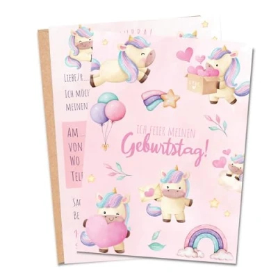 Abbildung von MeinBaby123® 10 Einladungskarten Kindergeburtstag Mädchen süße Geburtstagseinladungen für Kinder Einhorn inkl. Briefumschläge Premium Qualität (Einhorn V5)