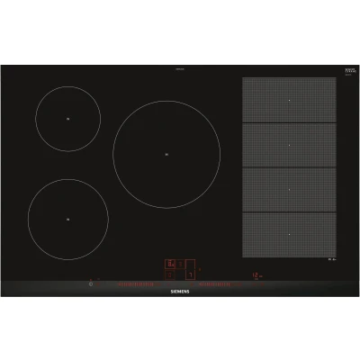 Abbildung von Siemens EX875LVC1E iQ700 Induktionskochfeld (autark), 80 cm breit, mit Rahmen aufliegend, powerBoost schnelleres Kochen, varioInduktion Flexibilität für große Töpfe und Pfannen, Bratsensor Plus
