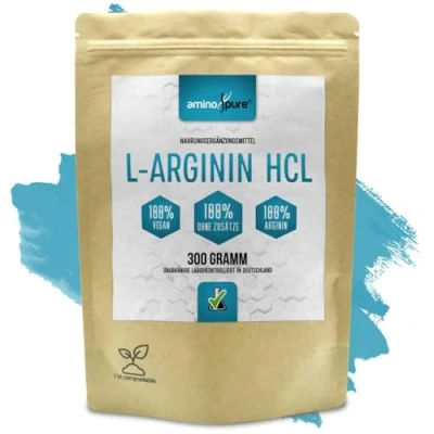 Abbildung von aminopure® L Arginin HCL Pulver pur per Fermentation aus Mais gewonnen 100% vegan und ohne Zusätze schadstoffgeprüft im Labor 300 Gramm