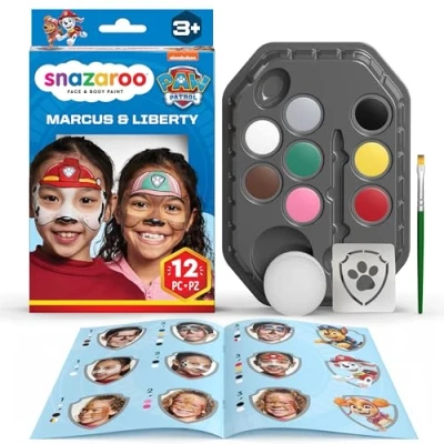Abbildung von Snazaroo 1172200 Paw Patrol Schminkset Marshall &amp; Liberty 8 Gesichts und Körperfarben auf Wasserbasis mit Schwamm, Pinsel, Schablone, Anleitung